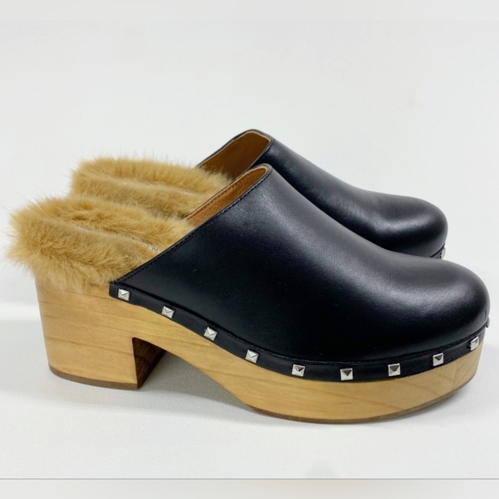 Steve Madden Brooklyn Leather Studded Platform Faux-Fur Clogs In Black Size 8.5